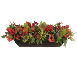 Цветы Ginger Protea, Red Orange, Wood Trough