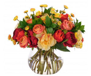 Цветы Peony Ranunculus, Yellow Orange, в стеклянном кубе