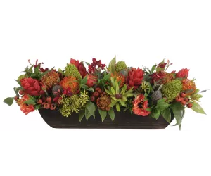 Цветы Ginger Protea, Red Orange, Wood Trough