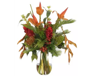 Цветы Protea Banana Flower, Green Orange в стеклянной вазе