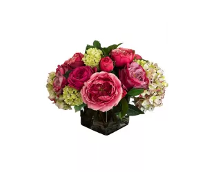Цветы Rose Hydrangea, Pink Mauve, в стеклянном кубе