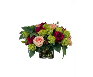 Цветы Rose Snowball, Fuchsia Gree, в стеклянном кубе