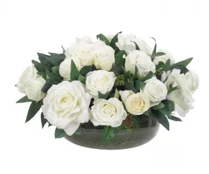 Цветы Розы, белые (Rose), в стеклянной чаше с мхом