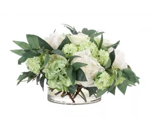 Цветы Роза и Пион (Rose Peony, бело-зеленые), в стеклянной чаше