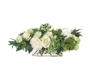 Цветы Пион и Гортензия, бело-зеленые (Peony Hydrangea), в стеклянном прямоугольнике