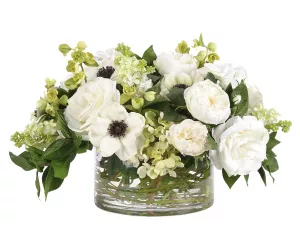 Цветы Роуз Анемоне (Rose Anemone, бело-зеленые), в стеклянной чаше
