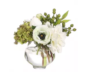 Цветы Георгина и Роза (Dahlia Rose, бело-зелёные), в стеклянной вазе
