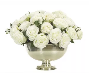 Цветы Розы (Rose, кремово-белые), в серебряной чаше на пьедестале