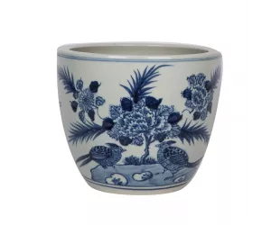 Кашпо Плантер Пиони (Planter Peony With Bird Motif, бело-голубая фарфоровая)