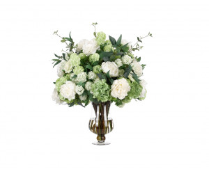 Цветы Peony Hydrangea, бело-зеленые в стеклянной вазе